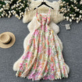 French court style floral print camisole dress - women's summer mesh hollow-out waist design, unique and chic maxi dress