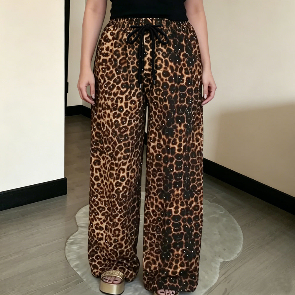 C7768 cross-border  new women's rhinestone drawstring wide-leg pants, vintage animal print casual trousers