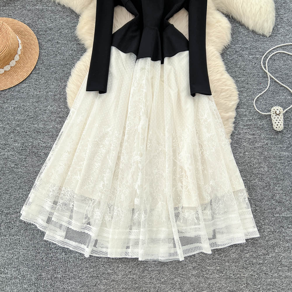 French hepburn style heavy beaded round neck long sleeve lace patchwork dress women's  autumn fitted waist evening gown