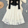 French hepburn style heavy beaded round neck long sleeve lace patchwork dress women's  autumn fitted waist evening gown