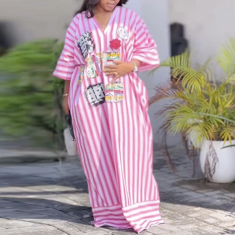 European and american cross-border women's fashion:  spring new arrival - stylish casual pink v-neck striped loose long dress
