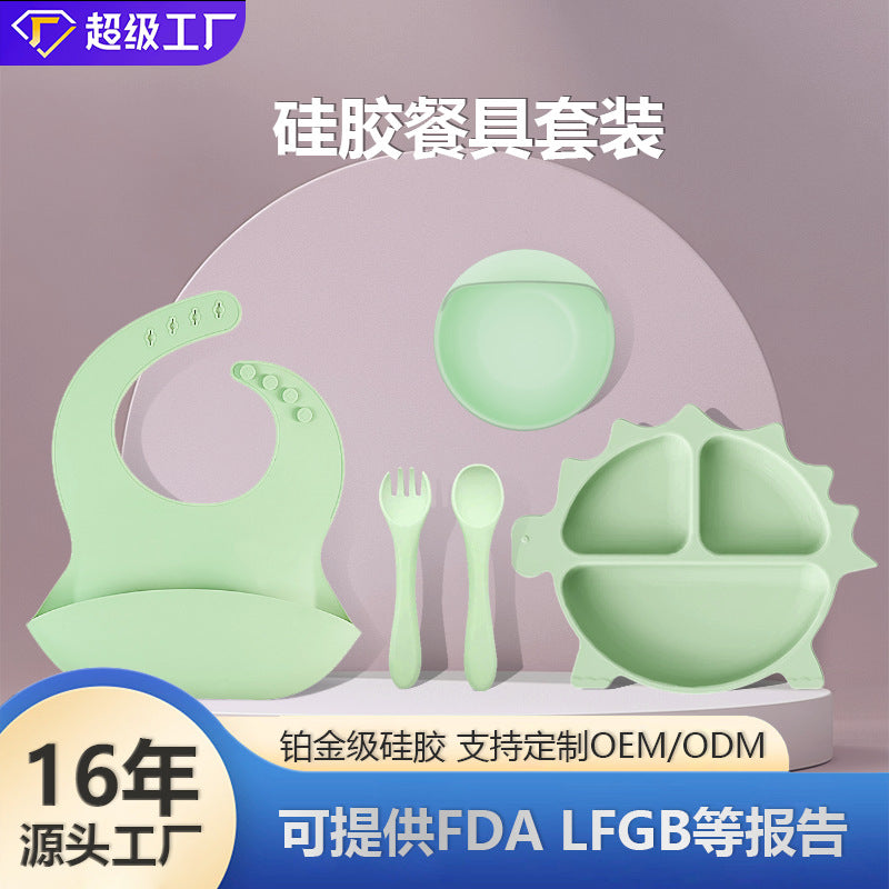 Cross-border food grade children's silicone plate set, silicone bowl, fork and spoon, baby complementary food bowl, feeding tableware six-piece set