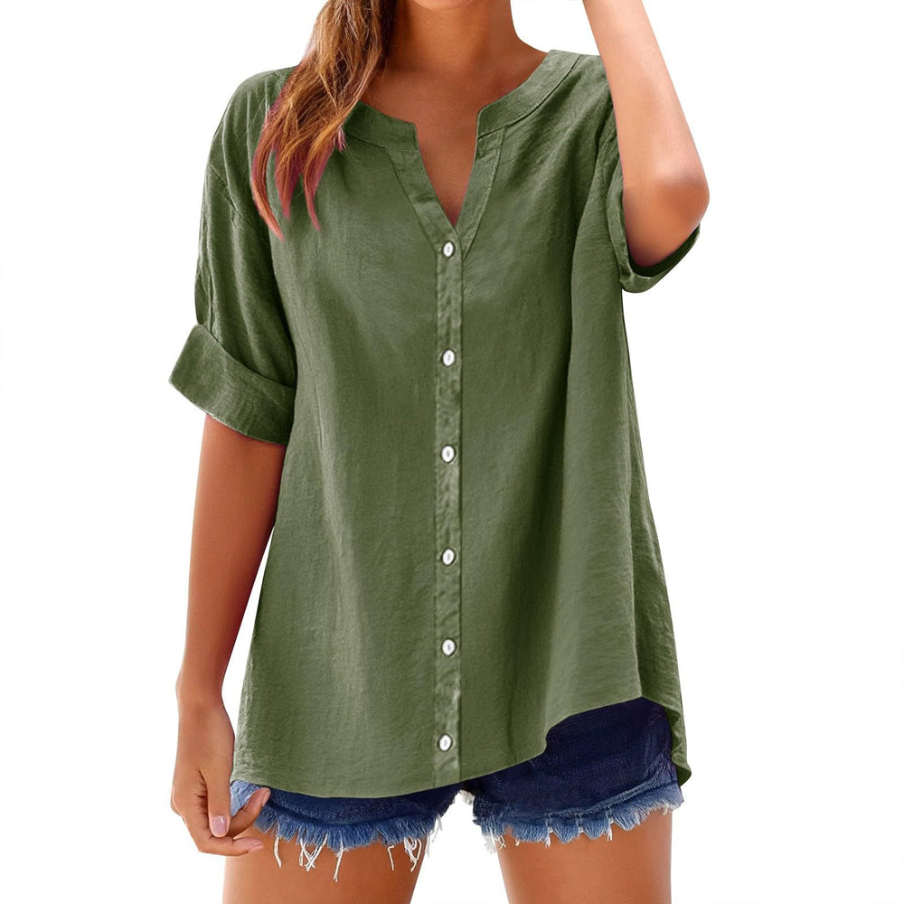 cross-border women's casual solid color stand collar button-down short sleeve shirt top