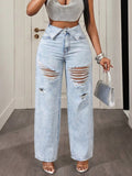 Fashionjeans women's light white washed foldable waistband big hole raw edge beggar style high waiststraight-leg wide leg denim