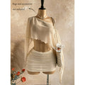 Women's summer sexy vacation see-through asymmetrical one-shoulder long sleeve top with solid color midi skirt (accessories not included)