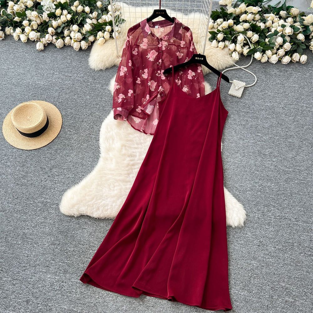 Beach vacation style solid color slim-fit cami dress + floral lightweight long-sleeve sun protection cardigan top set for women - summer