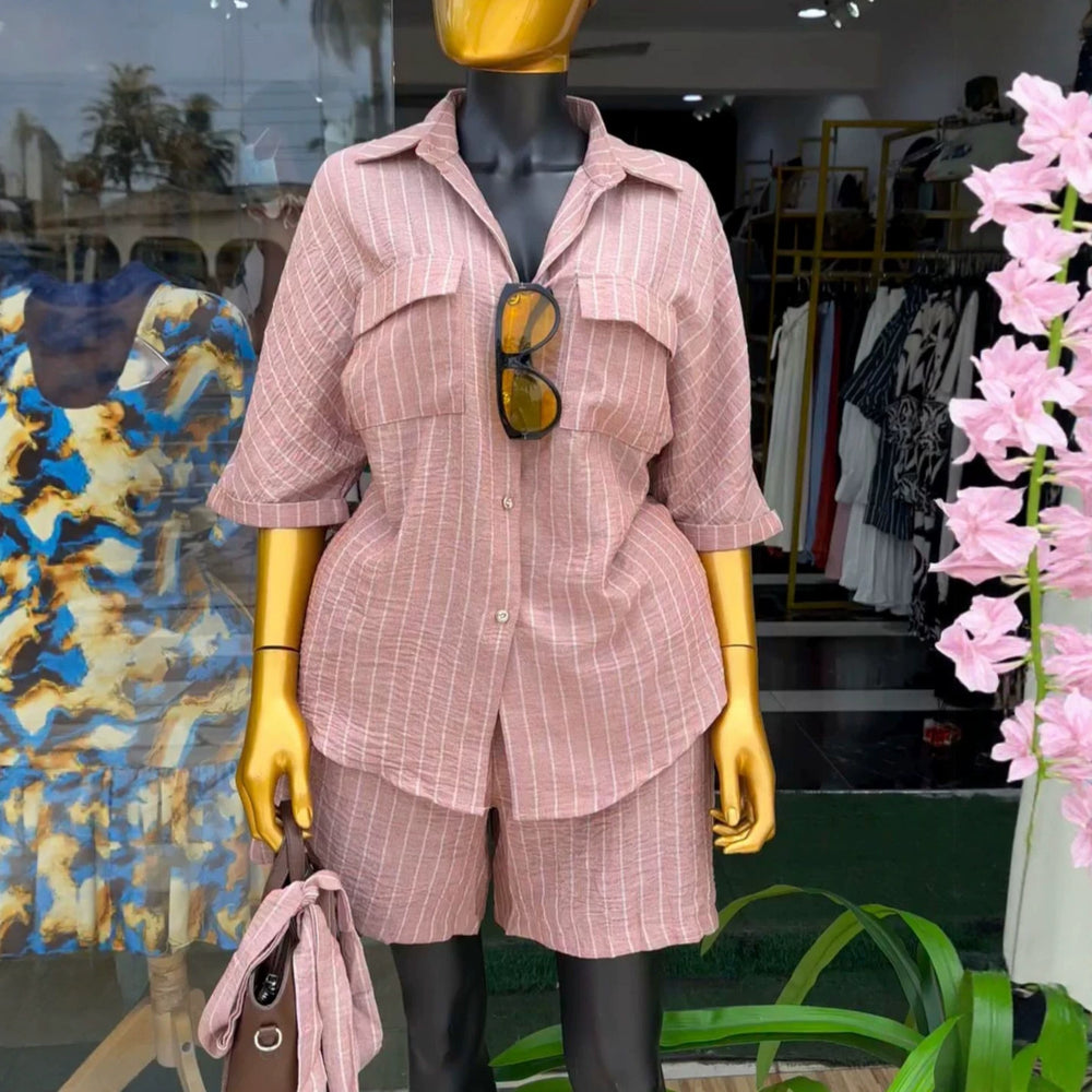 European and american cross-border women's clothing  summer new arrival: casual turn-down collar striped loose pocket shirt and high-waisted shorts set