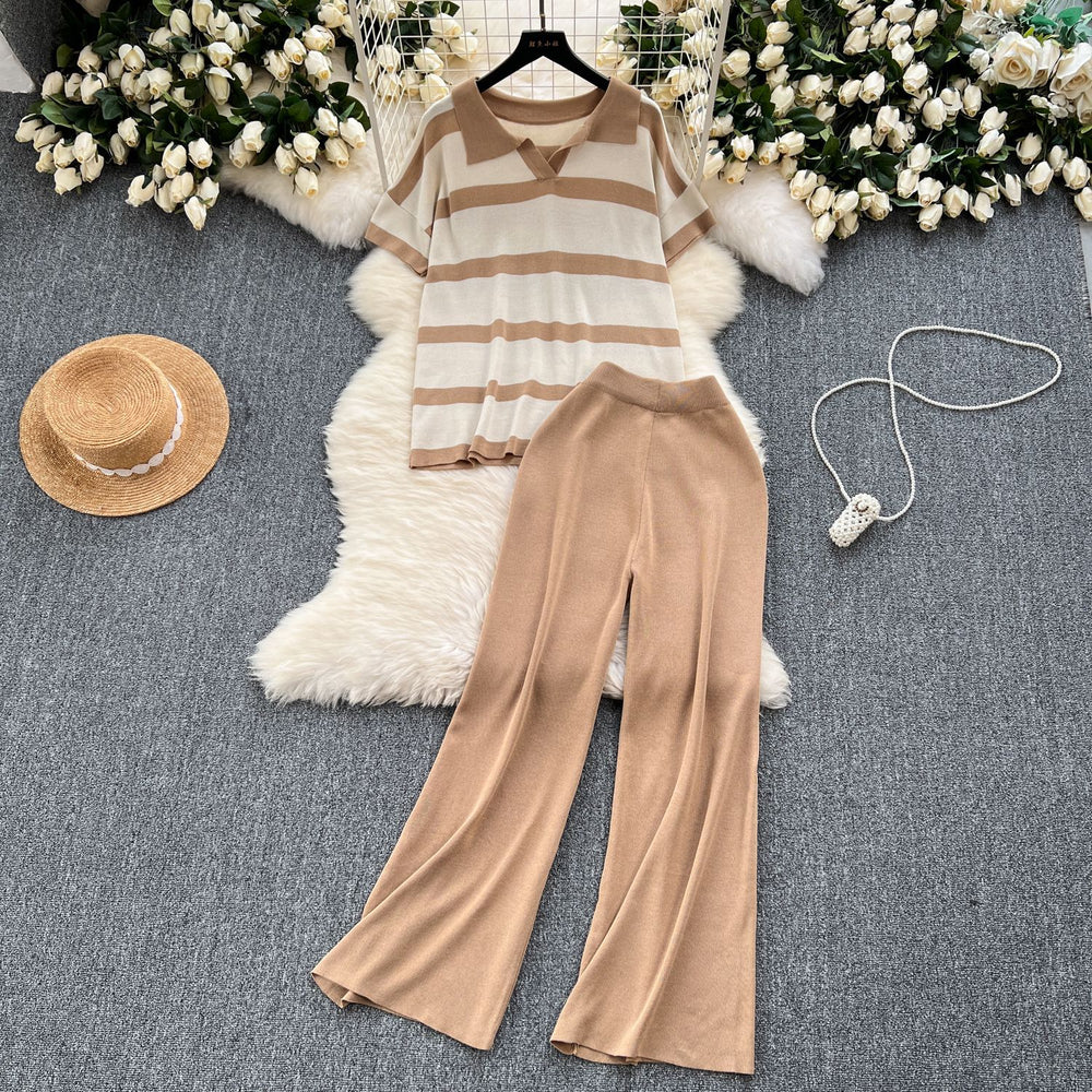 Plus size women's loungewear set: vintage striped knit top & wide-leg pants - relaxed fit, slimming two-piece casual outfit