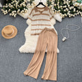 Plus size women's loungewear set: vintage striped knit top & wide-leg pants - relaxed fit, slimming two-piece casual outfit