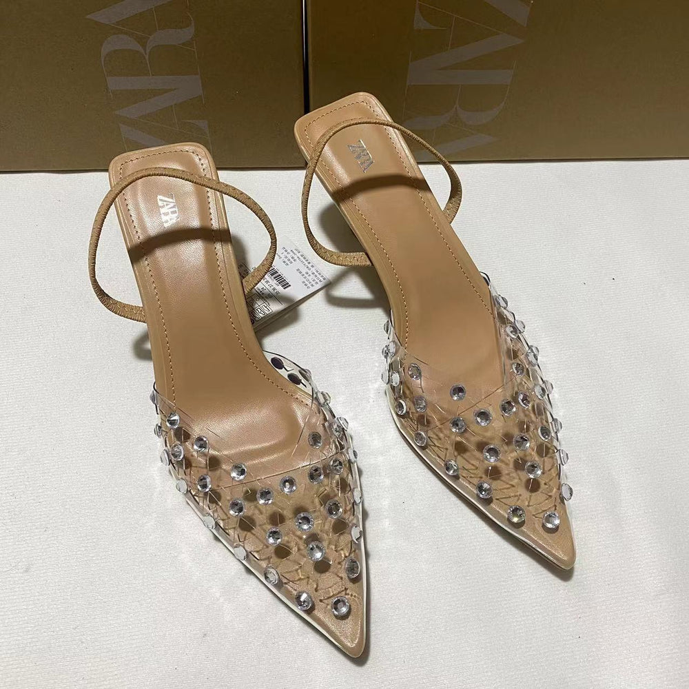 Za baotou transparent sandals women's 2024 new rhinestone fashioneleganteasiest for match pointed toe high heels