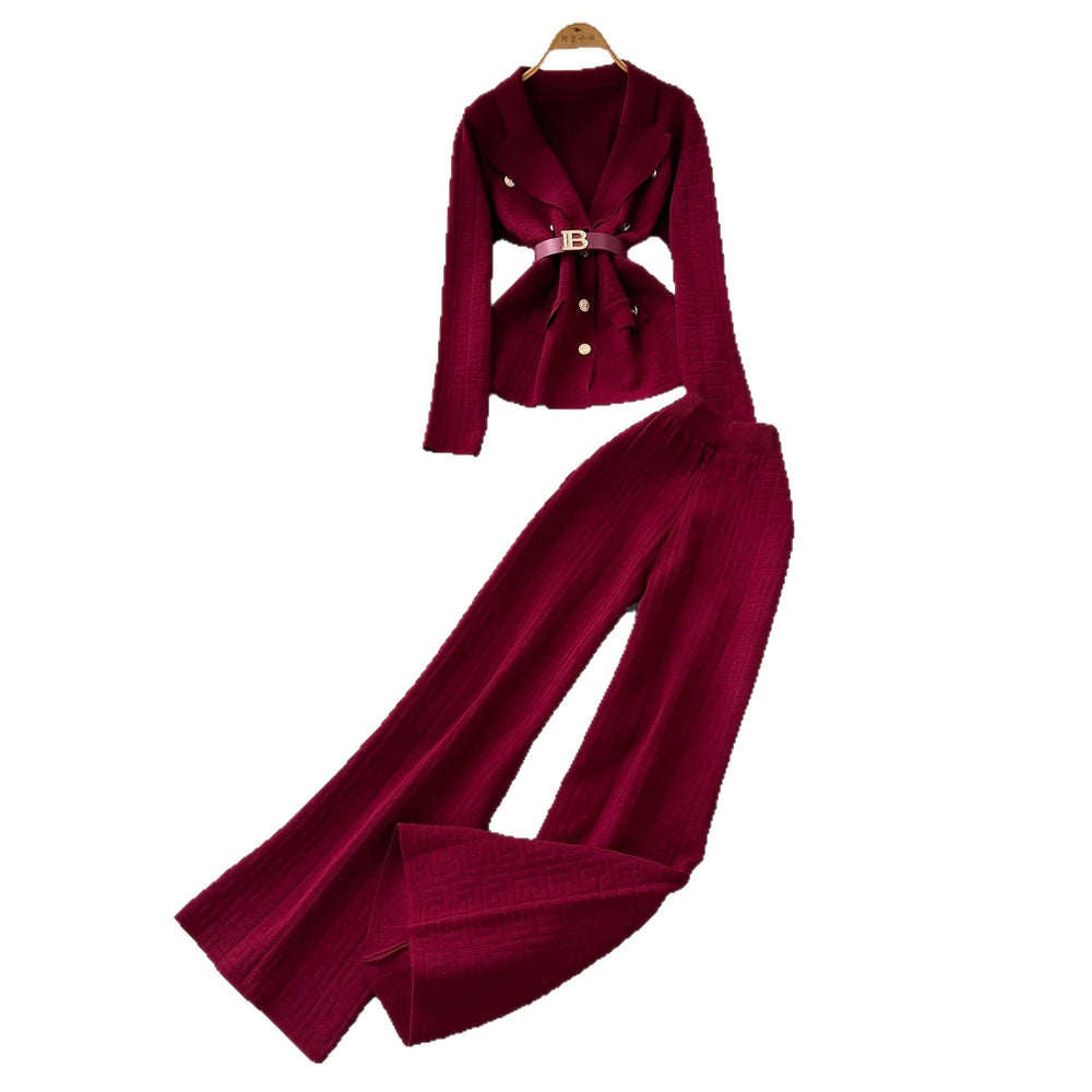European chic: elegant and high-end strappy waist blazer-style knit top with high-waisted wide-leg pants