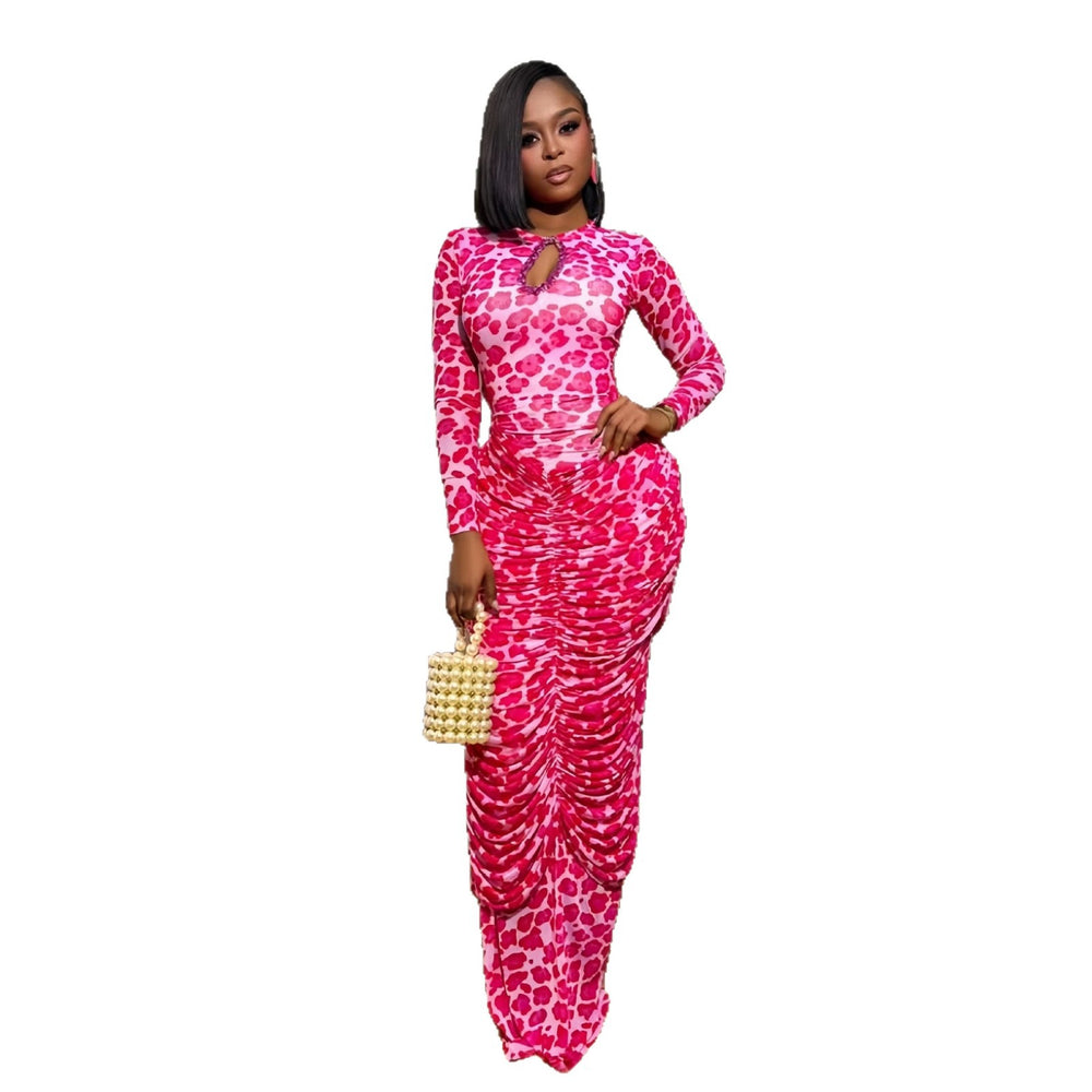 European and american cross-border women's clothing:  summer new arrival - long sleeve crew neck hollow-out slim fit pleated maxi dress