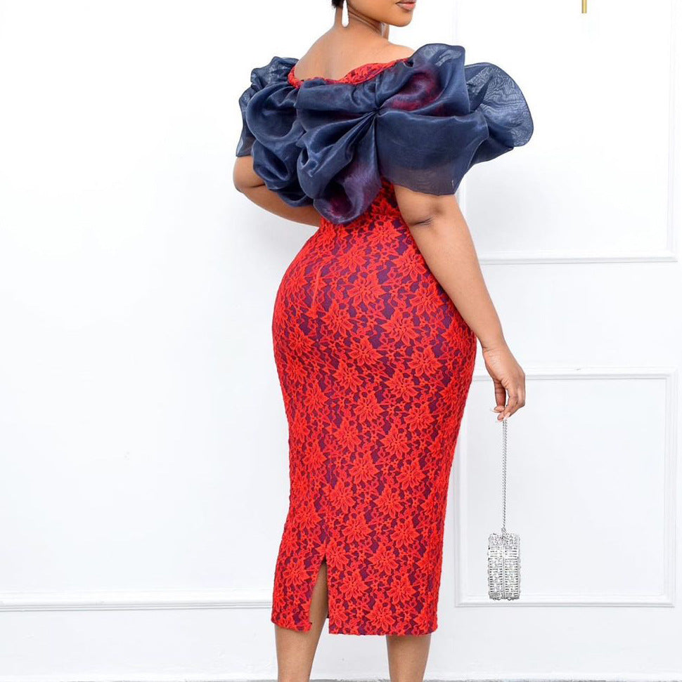 D189    new off-the-shoulder lace and mesh party dress - european and american style