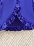 Girls' dress set: blue long-sleeve knit cardigan with ruffle trim and animal print sundress - two-piece outfit