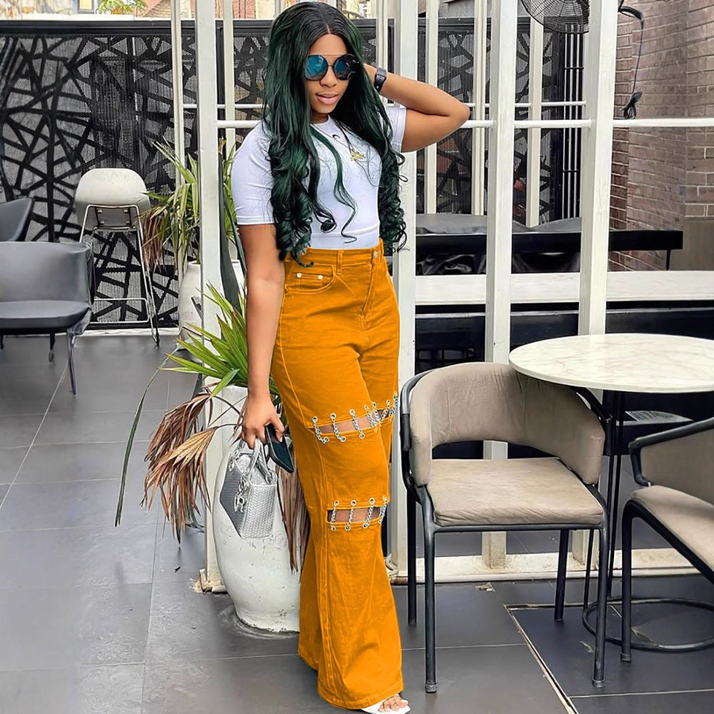 European and american style high-waisted jeans -  cross-border women's fashion chain detail, cutout design, straight-leg trousers