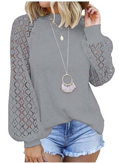 fashionexport cross-border new arrival  independent station round neck long sleeves lacepatchworkloosetops women
