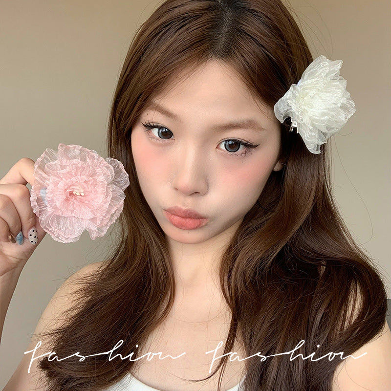 Small fresh organza flower hairpin side clip side back of head hairpin super fairy vacation style green forest style headwear