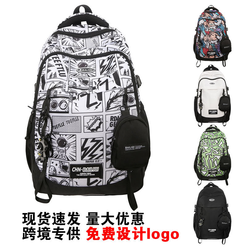 New large-capacity backpack, animation pattern graffiti, student schoolbag, trendy casual backpack, commuter bag, men's and women's models