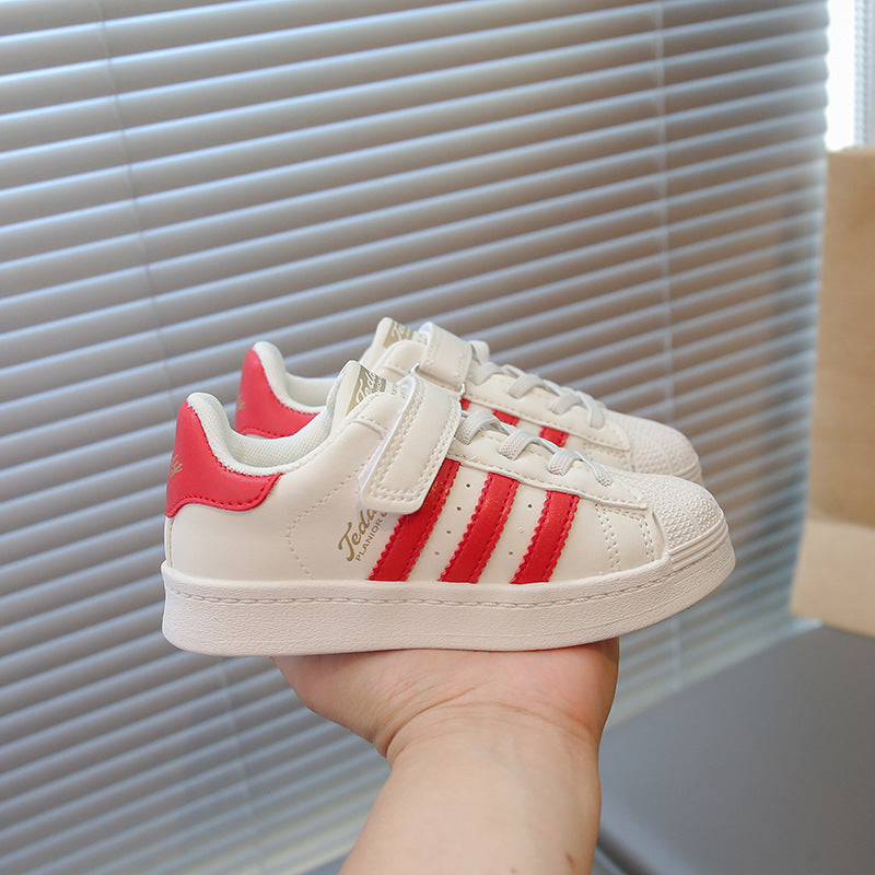 Sneakers with shell toe  spring and summer boys and girls leather patch bottom velcro small and medium-sized children's campus shoes patchwork style