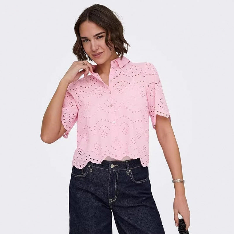 Amazon fashion cut out crochet short sleeve shirt women's  summer new arrivalfashioncasualeleganttops
