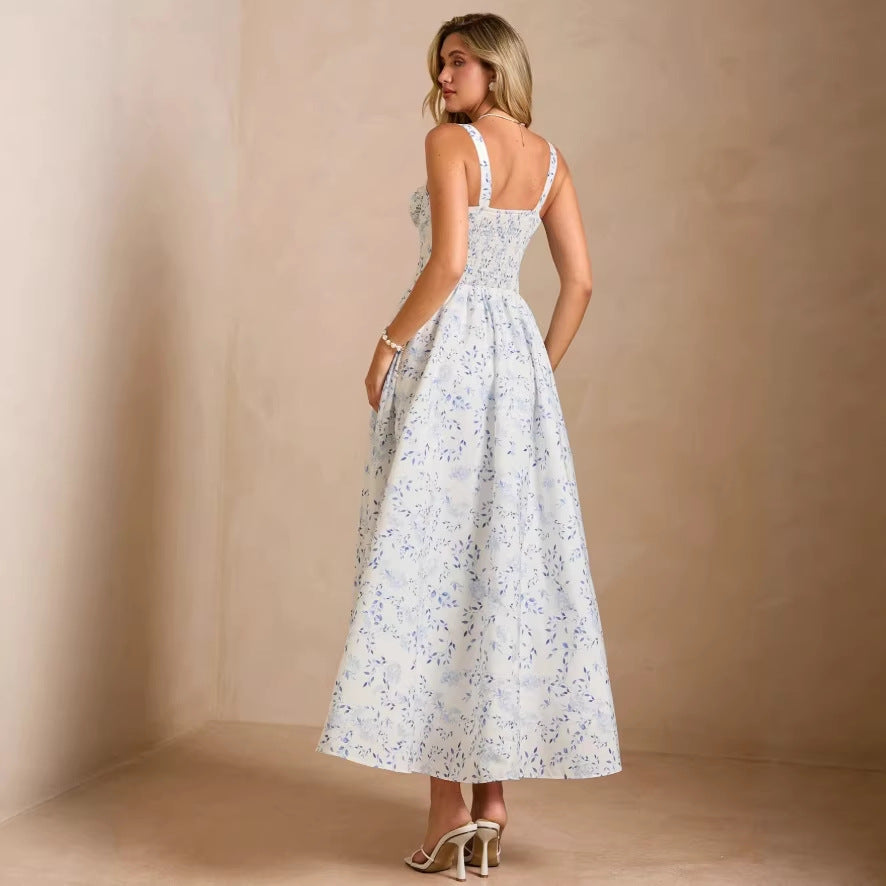 european and american cross-border french floral print a-line maxi dress
