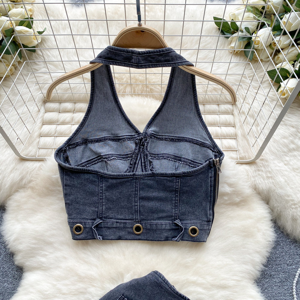 Dopamine cool spicy denim suit women's summer retrosense of design halter camisole + high waist hip cover skirt