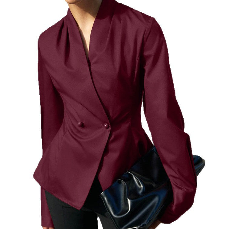 European and American  commuter women's clothing slim-fitting waist double-breasted long-sleeved v-neck jacket niche design red cardigan