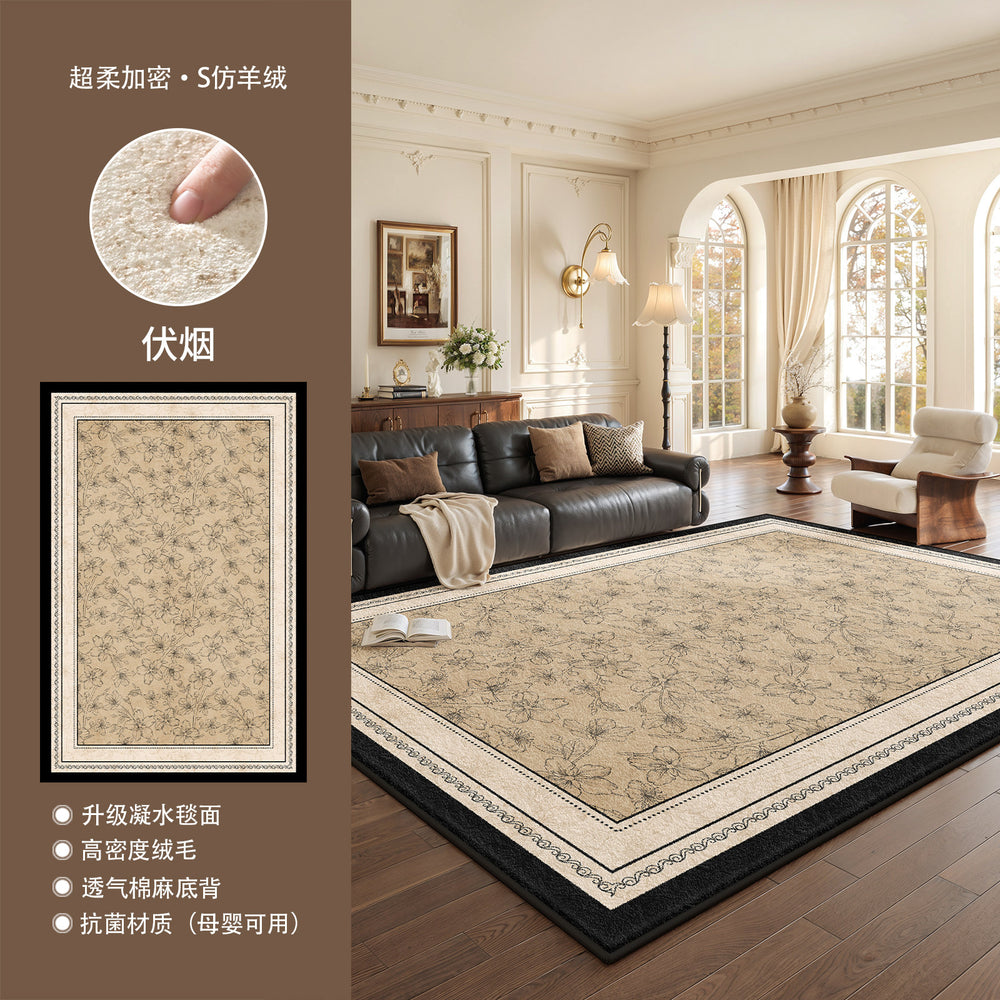 French retro style rug - vintage waterproof plush carpet for living room, bedroom, bedside, soundproof floor mat, coffee table area, full coverage