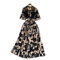 Frenchclassy sense of strap waist printingdress female k-style short-sleeved work clothingv neck a-line elegant long skirt