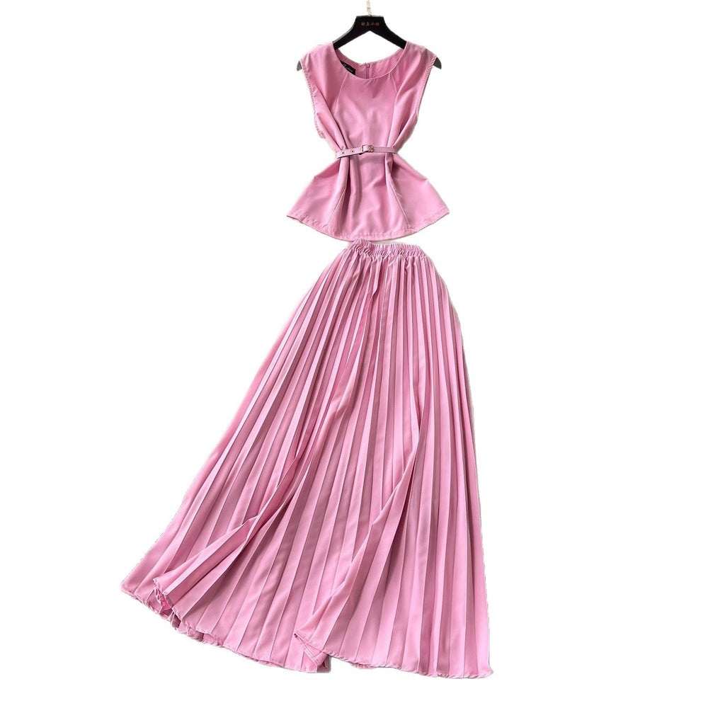 Light mature style strappy waist round neck sleeveless tops + high waistslimming look large swing pleated skirt frenchtwo-piece set