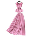 Light mature style strappy waist round neck sleeveless tops + high waistslimming look large swing pleated skirt frenchtwo-piece set