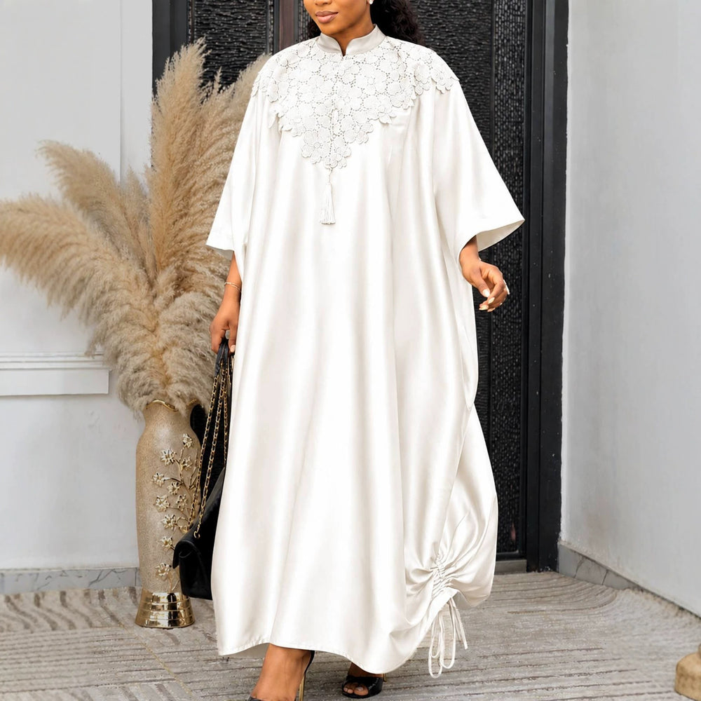 Solid color satin stand collar lace elegant dress - loose fit irregular drawstring chic african bubu robe dress