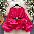Accessible luxury socialitesatin pleated long sleevesshirt women's ruffles lantern sleeveselegantlooseniche stylesense of designtops
