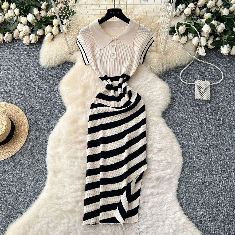 Korean chic niche retro fashion color block diagonal stripe dress - women's slim fit bodycon knit mini dress with slit
