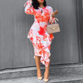 ins cross-border  autumn new fashion casual printed ruffle hem bodycon long sleeve dress