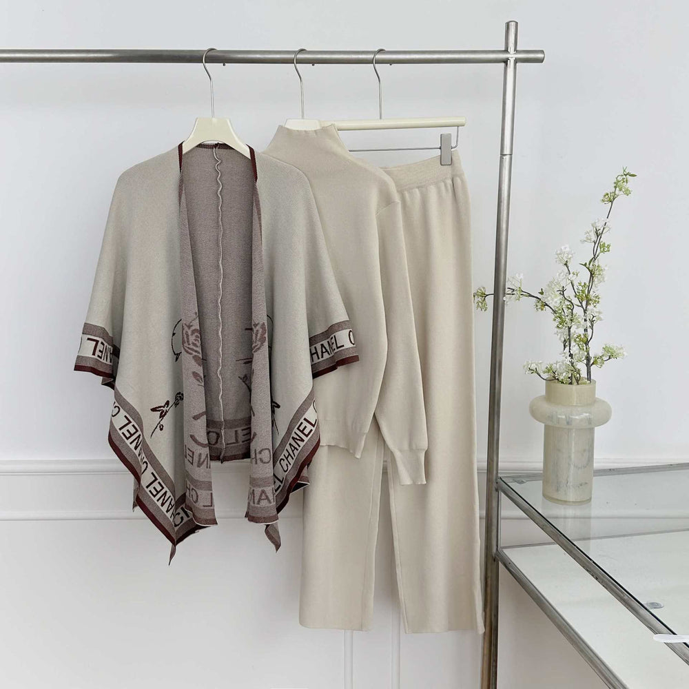 New arrival cross-border loose lazy style women's jacquard shawl turtleneck pullover knitting shirt + wide-leg pants three-piece set