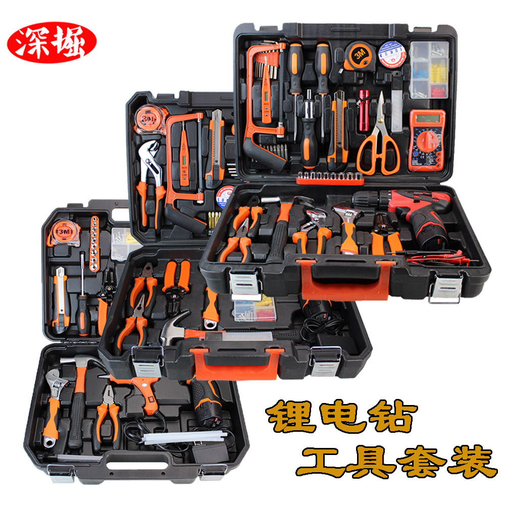 Lithium battery drill comprehensive toolbox set Household combination tool Hand drill 12v 21V lithium battery drill hardware set