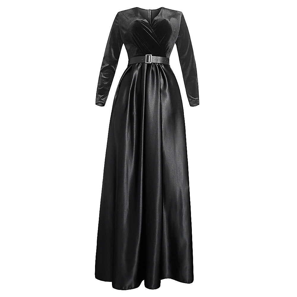 African dress women's european and american  cross-border hot style autumn and winter fashion deep v velvet long sleeve flared maxi dress * includes belt