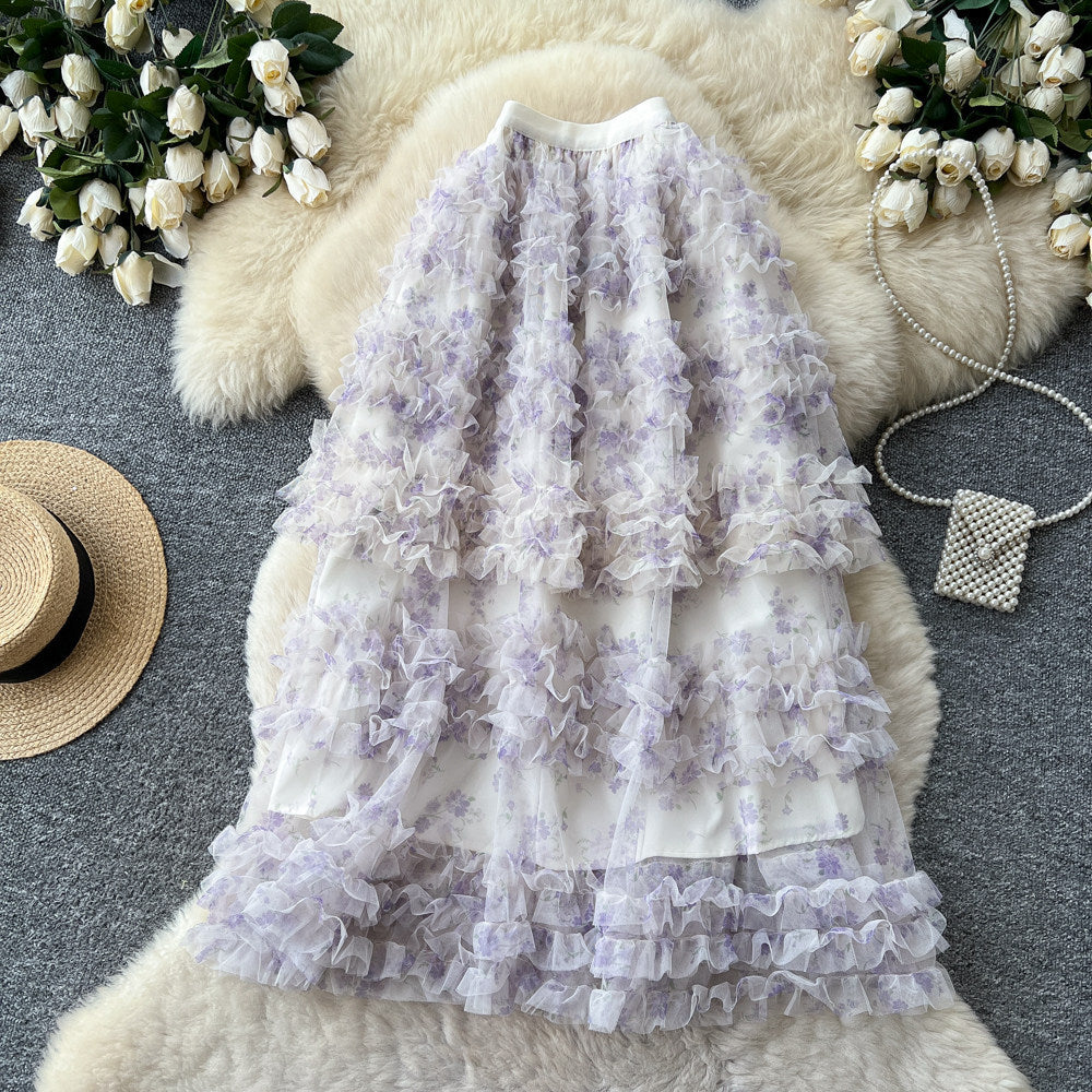 Fairy wind 3d floral mesh midi skirt - women's summer high-waisted a-line skirt - french chic, soft & versatile tulle skirt