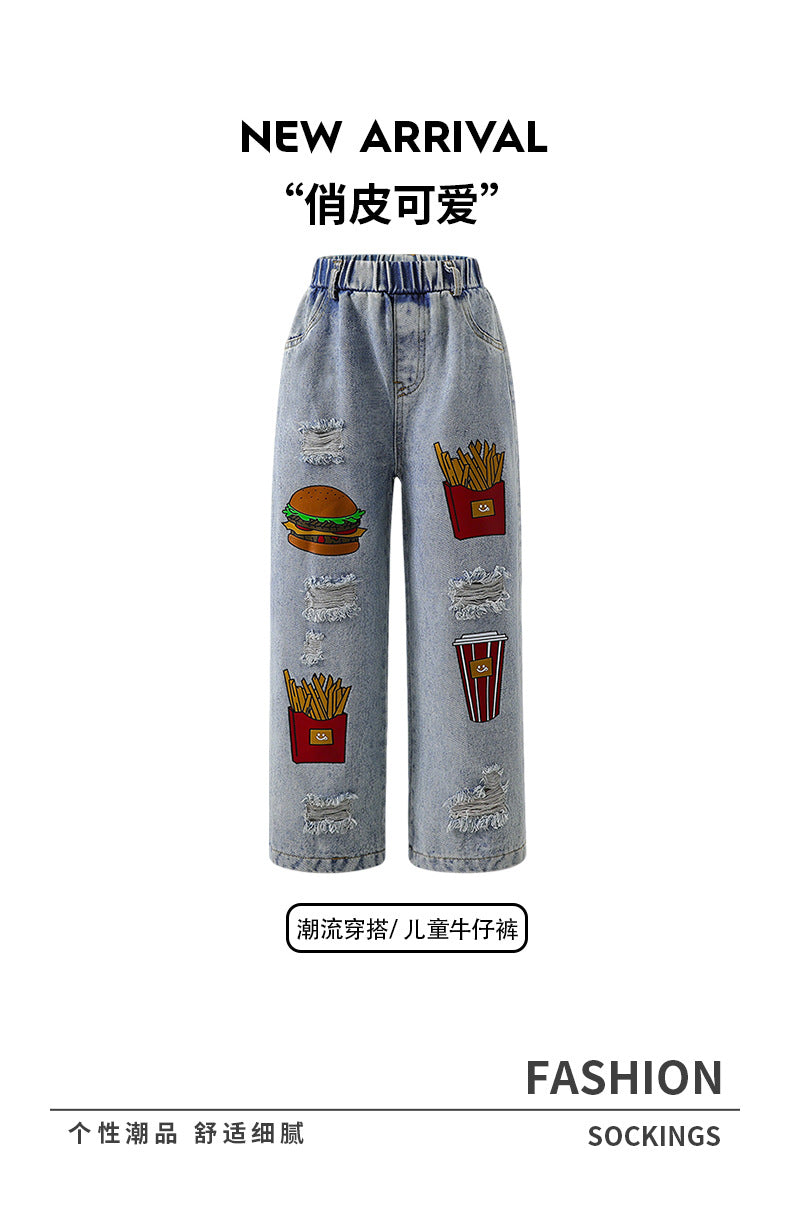 Exportgirljeans cartoon stickers hamburger fries loose distressed ripped pants kidsstraight-legloose pants