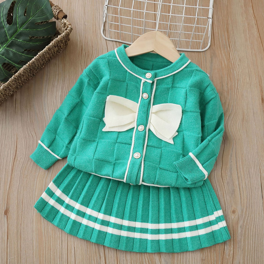 Girls' knitted sweater two-piece set -  autumn/winter new collection - dress set with bow detail - little girl's cardigan top set