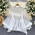Palace style niche styleclassy heavy industry beading hot diamond lantern sleeve tassel mesh shirt women's loosecasualtops