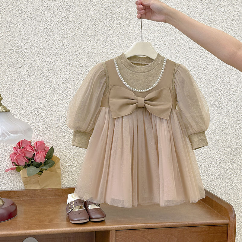 Girls' dress  spring new style chic elegant formal dress oversized bow little girl princess dress trendy