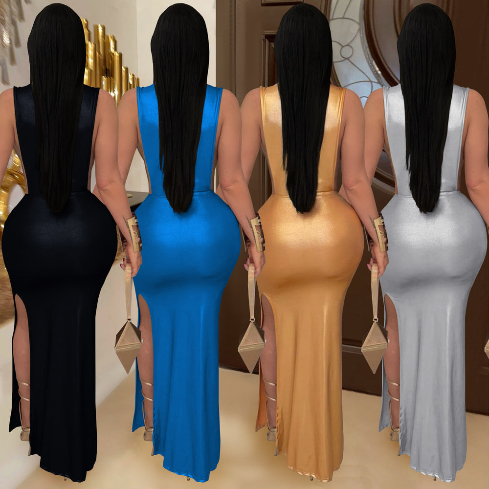 C7476 cross-border   fashion women's sexy elegant high neck sleeveless slit dress