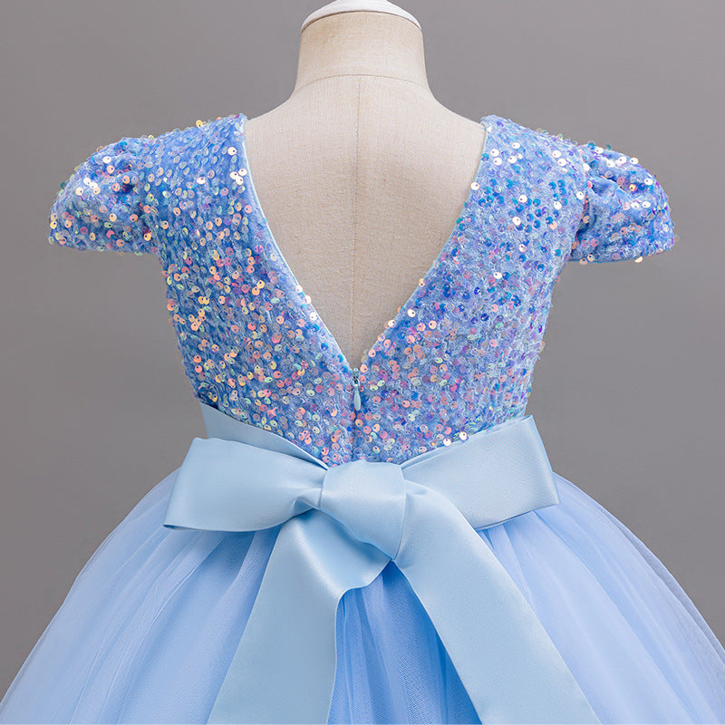 Ready-to-ship, european and american style girls' evening gown, long, puffy skirt, high-end children's dress with sequin embellishments