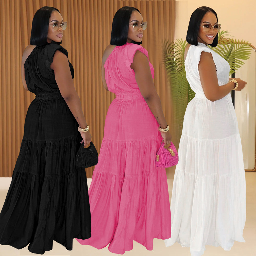 C7389 cross-border   fashion women's elegant off-the-shoulder lightweight summer dress