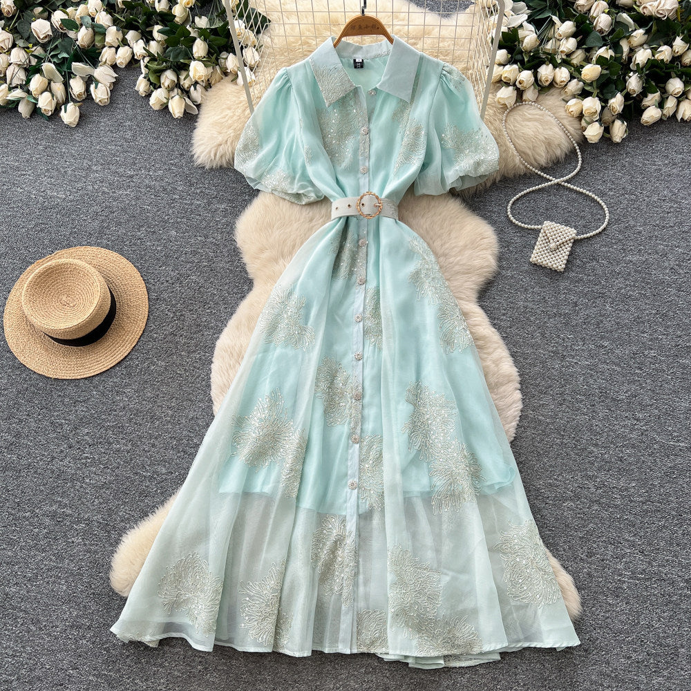 Korean style pink lantern sleeve mesh dress - women's summer sequin waist a-line elegant commute maxi dress