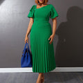 D3117  new arrivalruffles short-sleeved slanted shoulder eleganceexportplus size women's pleated fashiondress