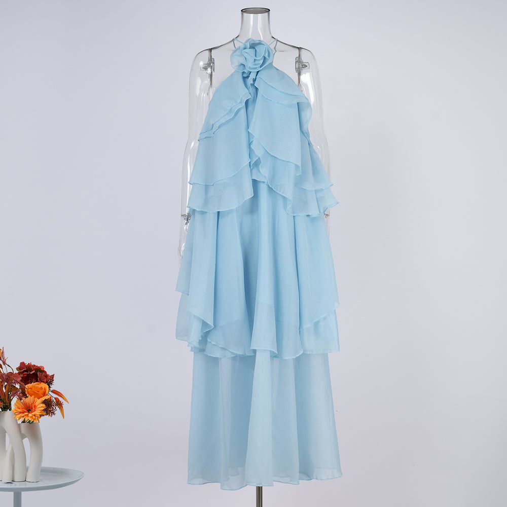 Export cross-border stereo flower decoration large backless halterneck dress holiday style rufflesclassy sense elegance long skirt