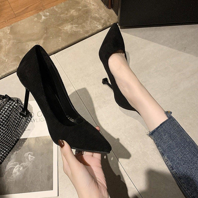 Women's high heels - spring/autumn 2023 collection: pointed-toe stiletto heels, black professional work shoes, mid-heel, college student etiquette flats